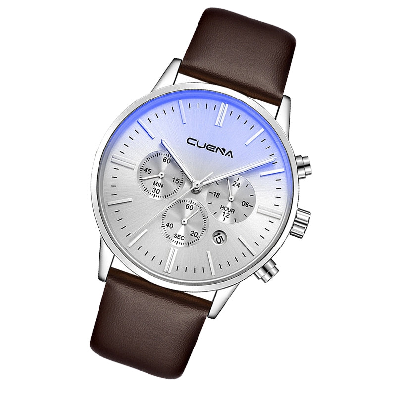 CUENA 6813 Genuine Leather Band Men Multifunction Quartz Watch with Alloy Case