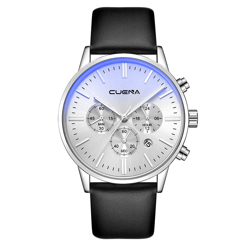 CUENA 6813 Genuine Leather Band Men Multifunction Quartz Watch with Alloy Case