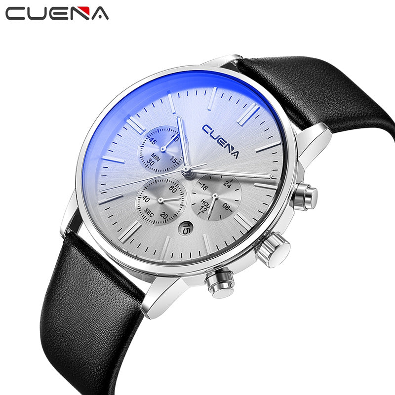 CUENA 6813 Genuine Leather Band Men Multifunction Quartz Watch with Alloy Case