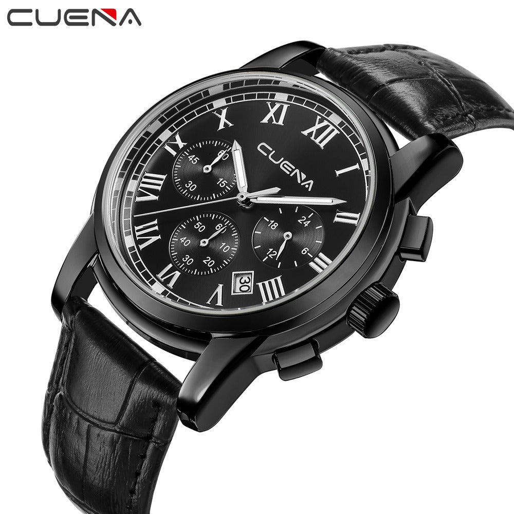 CUENA 6609P Men's Fashion Trendy Multifunction Leather Strap Quartz Wristwatch