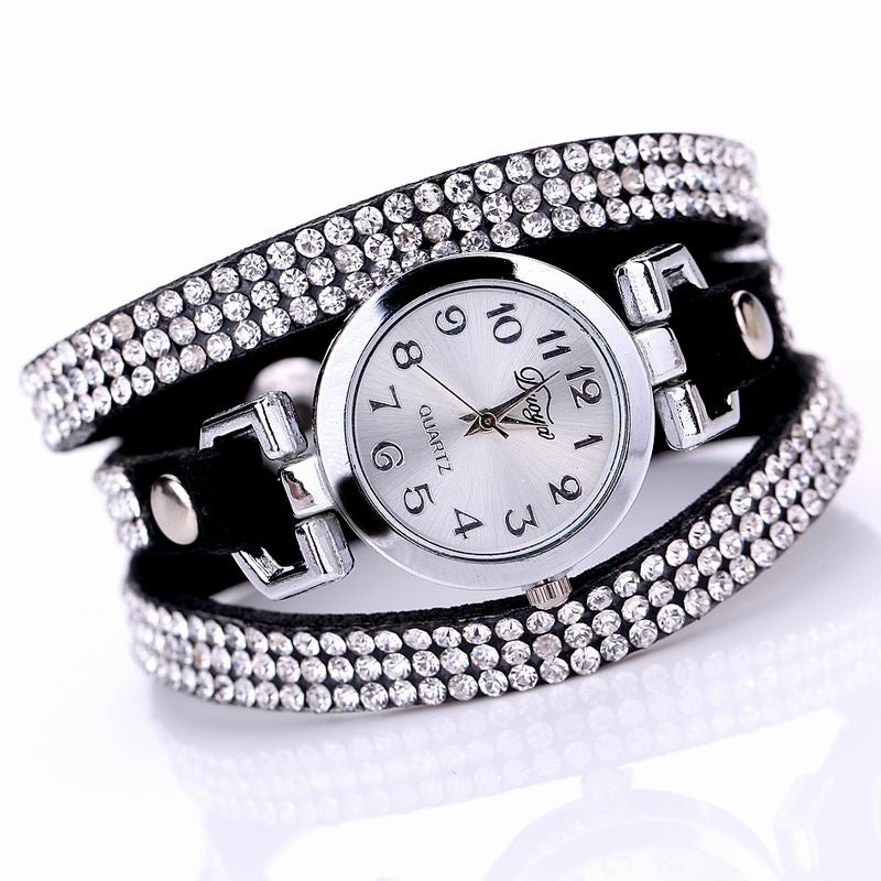 DUOYA D016 Women Rhinestones Analog Quartz Leather Bracelet Watch