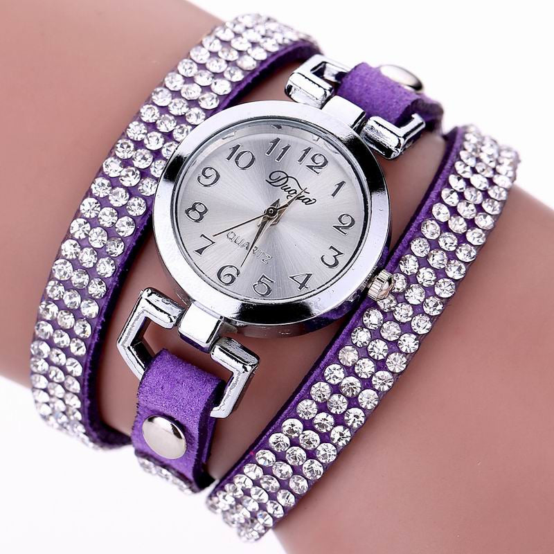 DUOYA D016 Women Rhinestones Analog Quartz Leather Bracelet Watch