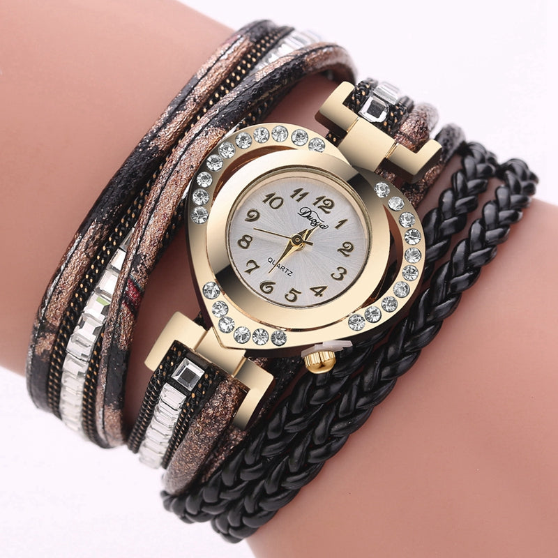 DUOYA D197 Fashion Ladies Leather Braid Multi-Level Watch Luxury Gold Heart Bracelet Watch