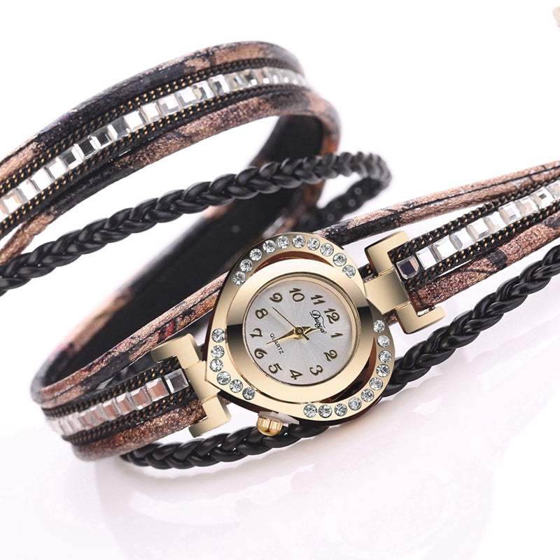 DUOYA D197 Fashion Ladies Leather Braid Multi-Level Watch Luxury Gold Heart Bracelet Watch