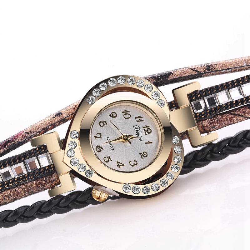 DUOYA D197 Fashion Ladies Leather Braid Multi-Level Watch Luxury Gold Heart Bracelet Watch