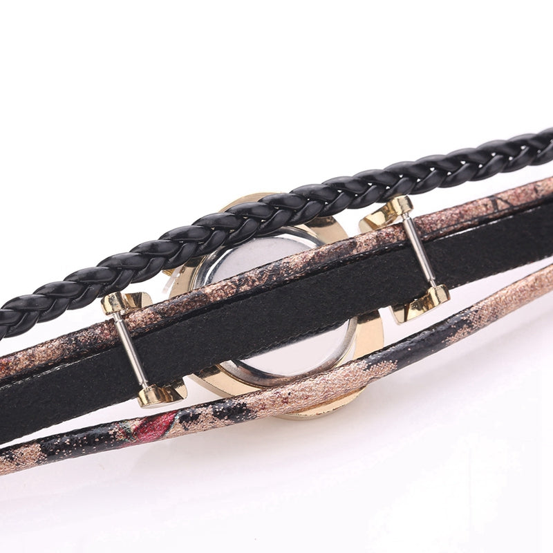 DUOYA D197 Fashion Ladies Leather Braid Multi-Level Watch Luxury Gold Heart Bracelet Watch