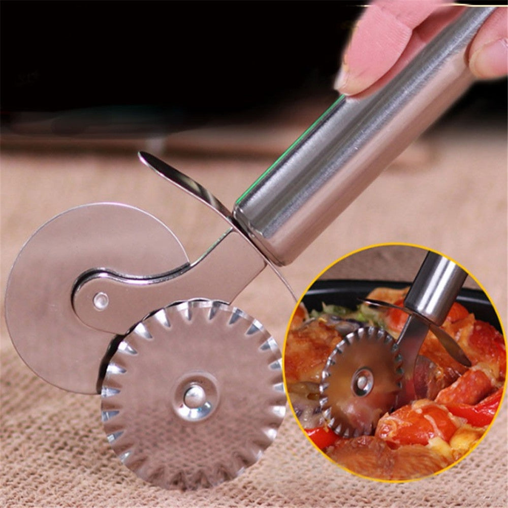 Double Roll Pizza Cutter Stainless Steel Pastry Dough Crimping Machine Round Hob Lace Kitchen Kn...