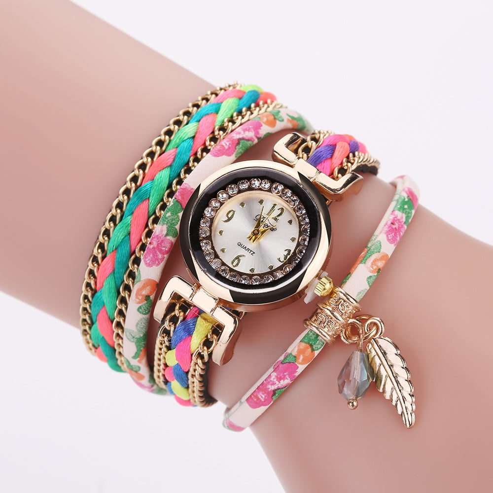 DUOYA D178 Ladies Flower Bracelet Wrist Watch with Leaf Pendant