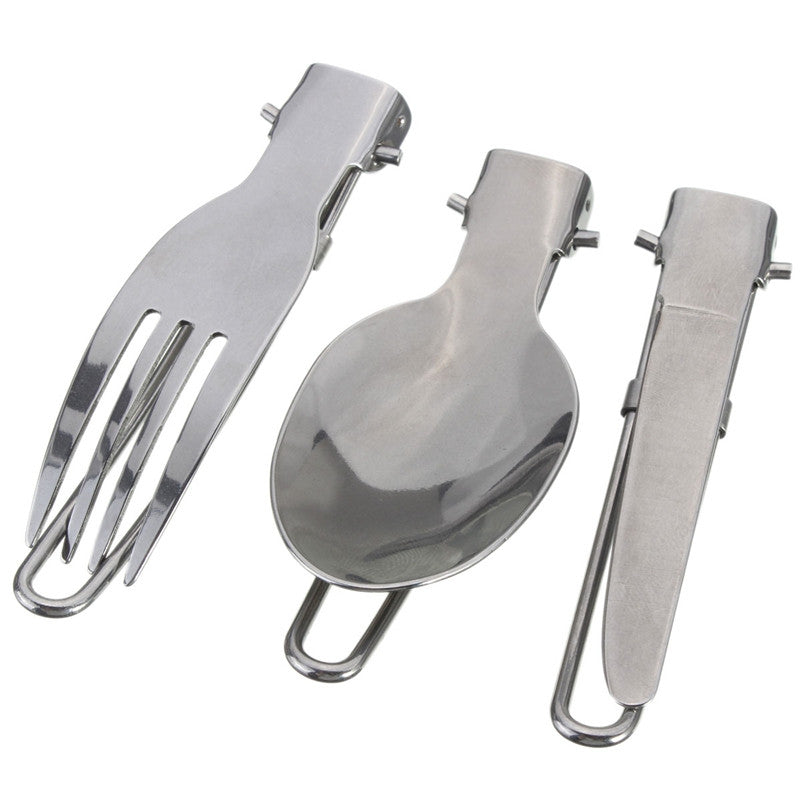3 Pcs Portable Outdoor Camping Travel Picnic Foldable Stainless Steel Cutlery Spoon Fork Knife T...