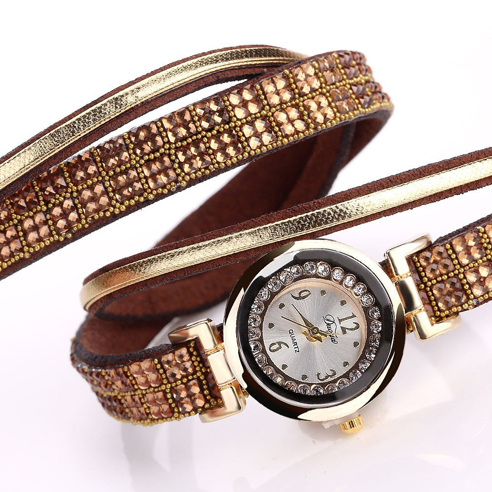 DUOYA D187 Women Leather Wrap Rhinestones Quartz Bracelet Wrist Watch