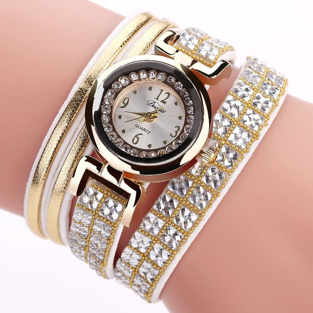 DUOYA D187 Women Leather Wrap Rhinestones Quartz Bracelet Wrist Watch