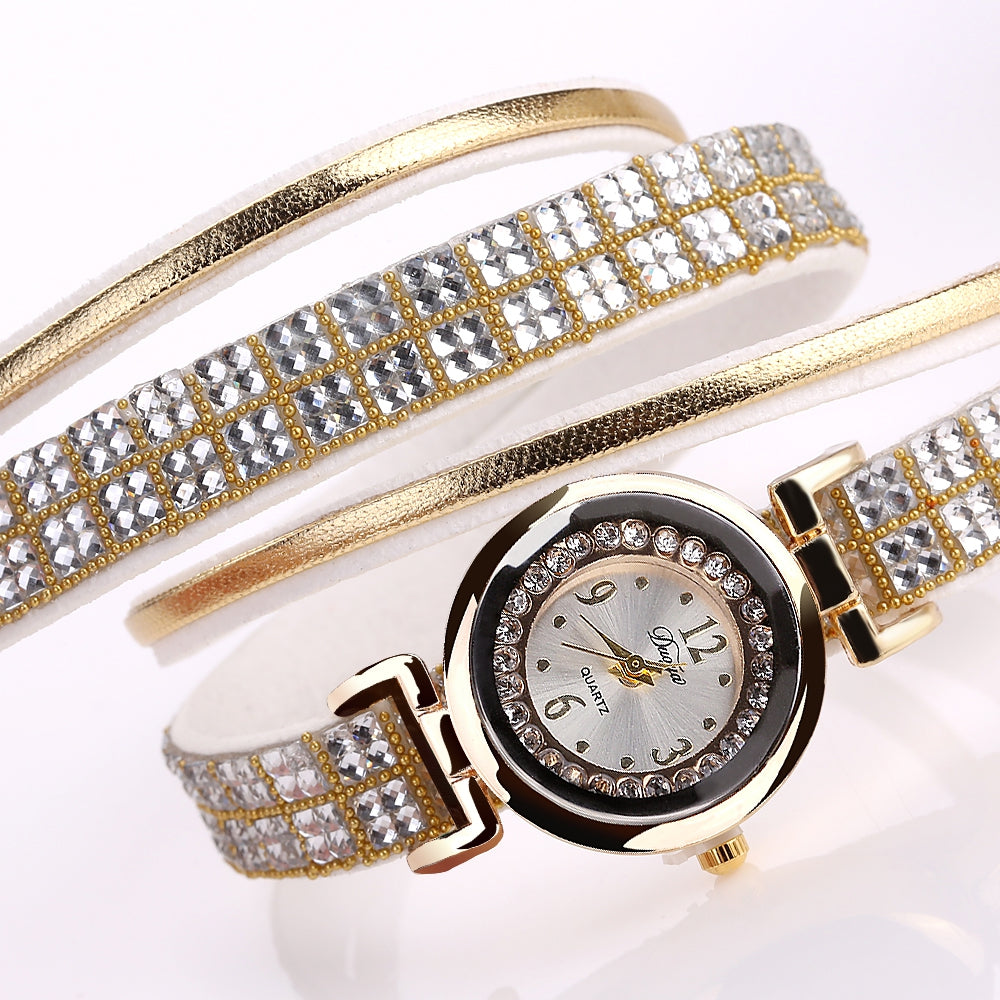 DUOYA D187 Women Leather Wrap Rhinestones Quartz Bracelet Wrist Watch