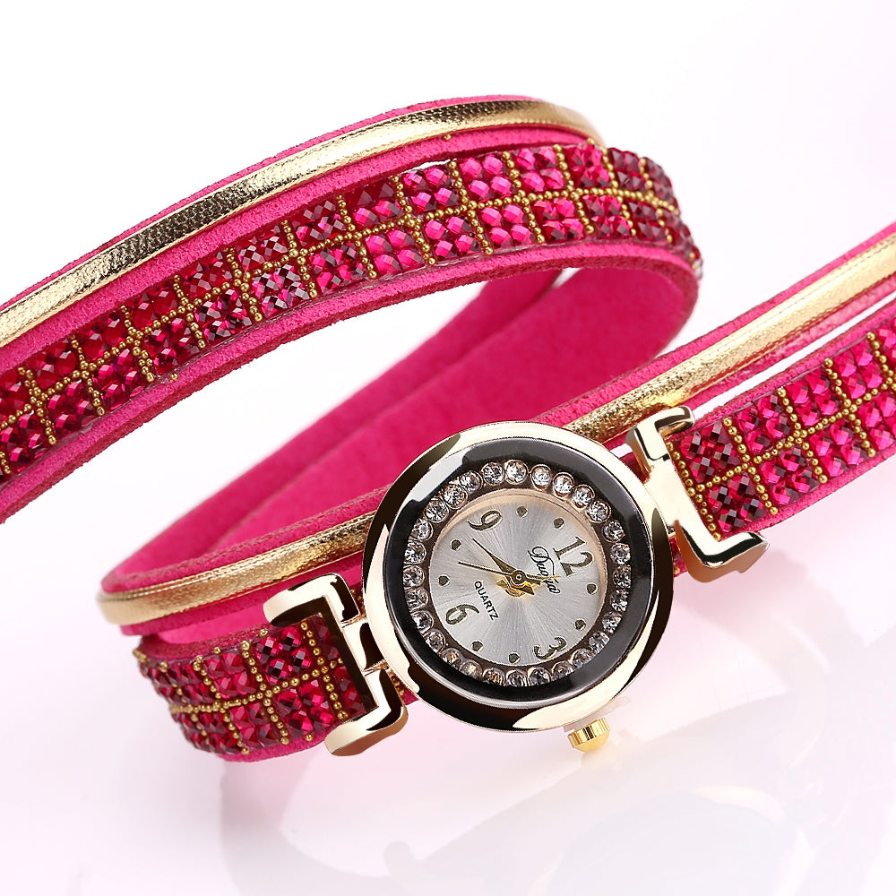 DUOYA D187 Women Leather Wrap Rhinestones Quartz Bracelet Wrist Watch