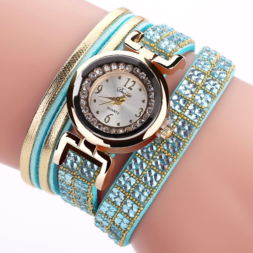 DUOYA D187 Women Leather Wrap Rhinestones Quartz Bracelet Wrist Watch