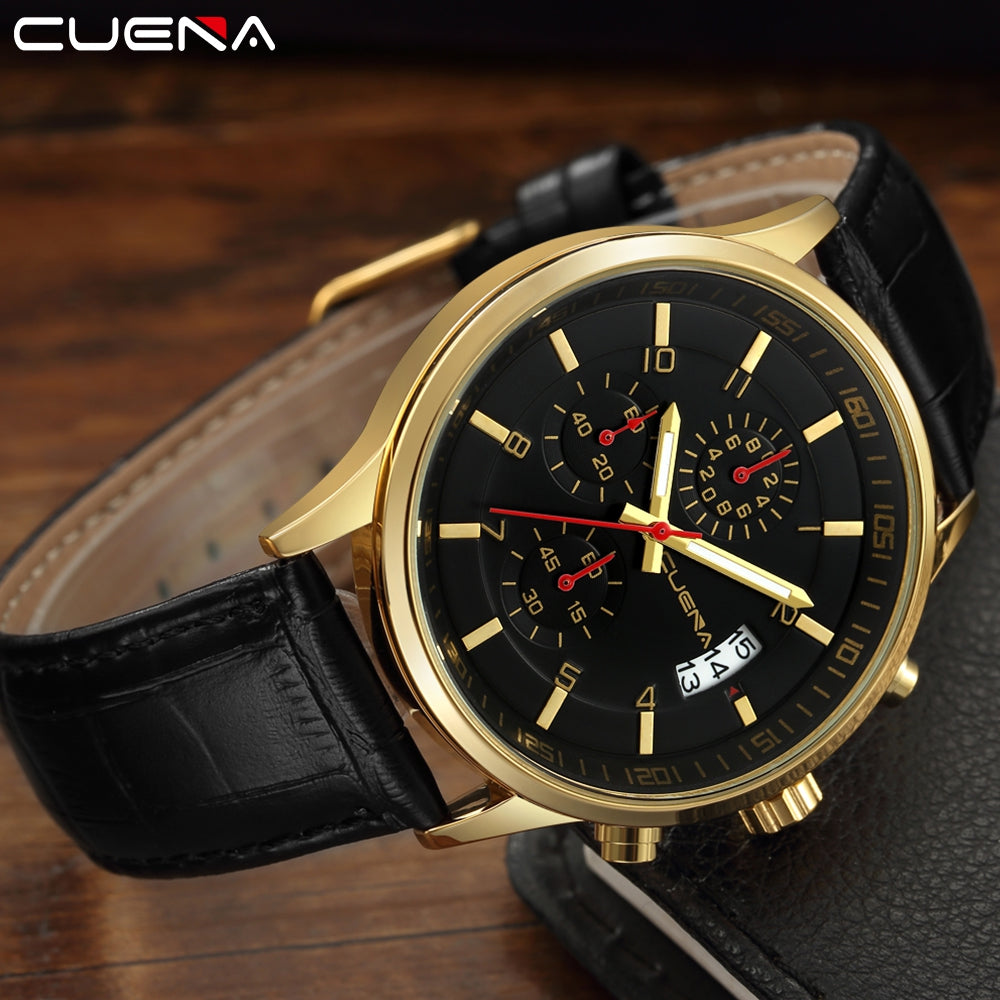 CUENA 6808P Fashion Trendy Mutilfunction Men's Genuine Leather Strap Quartz Wristwatch