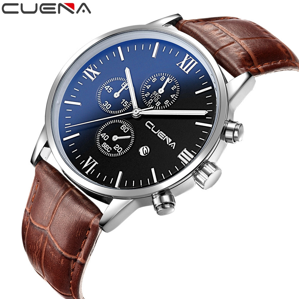 CUENA 6612P Fashion Causal Genuine Leather Strap Men's Quartz Wristwatch