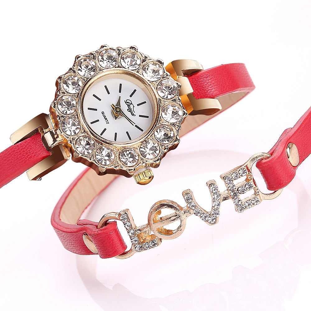 DUOYA D185 Women Analog Quartz Leather Wrist Watch with LOVE Letters