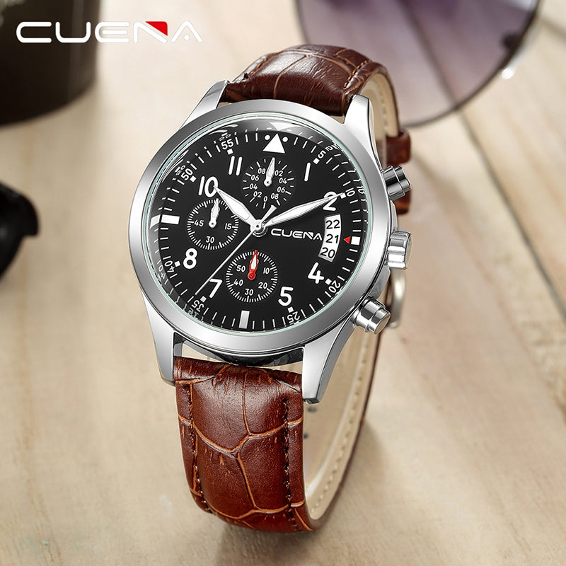 CUENA 6810P Genuine Leather Quartz Watch Sports Multifunctional Men Watch