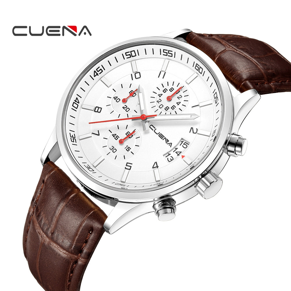 CUENA 6808P Fashion Trendy Mutilfunction Men's Genuine Leather Strap Quartz Wristwatch