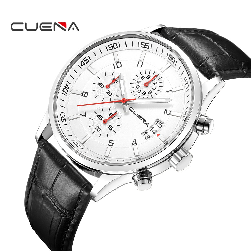 CUENA 6808P Fashion Trendy Mutilfunction Men's Genuine Leather Strap Quartz Wristwatch
