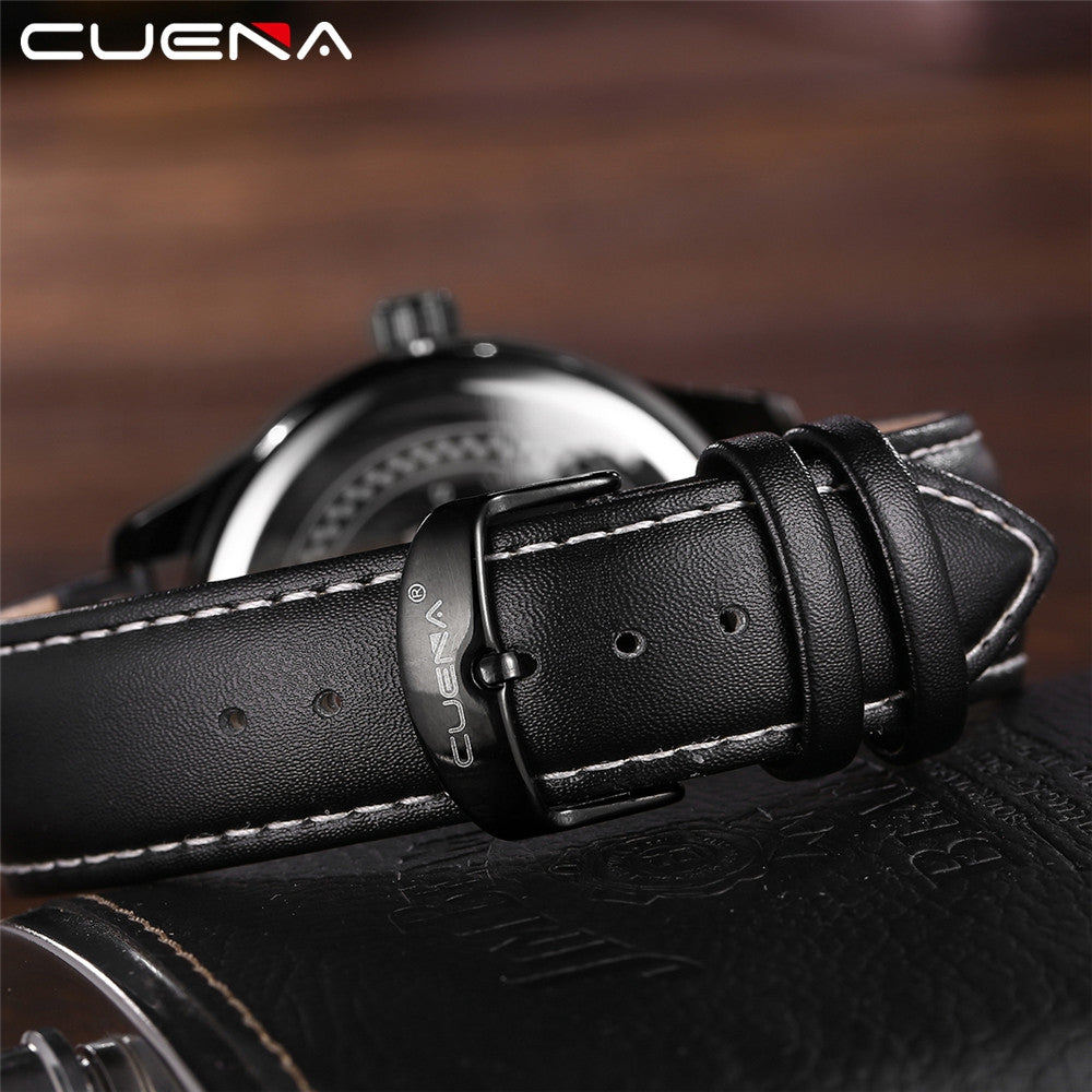 CUENA 6614P Fashion Casual Simple Men's Genuine Leather Band Wristwatch