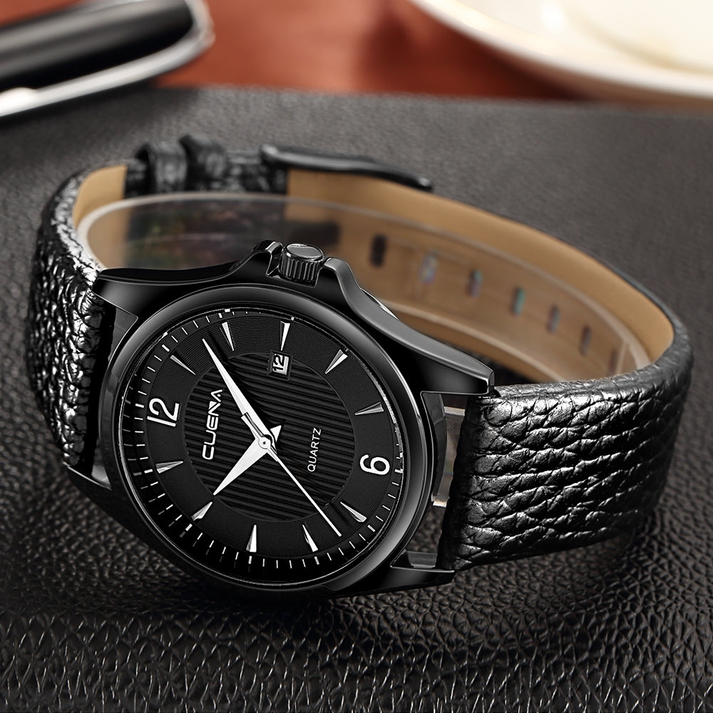 CUENA 6611P Fashion Casual Simple Leather Strap Men's Quartz Wristwatch