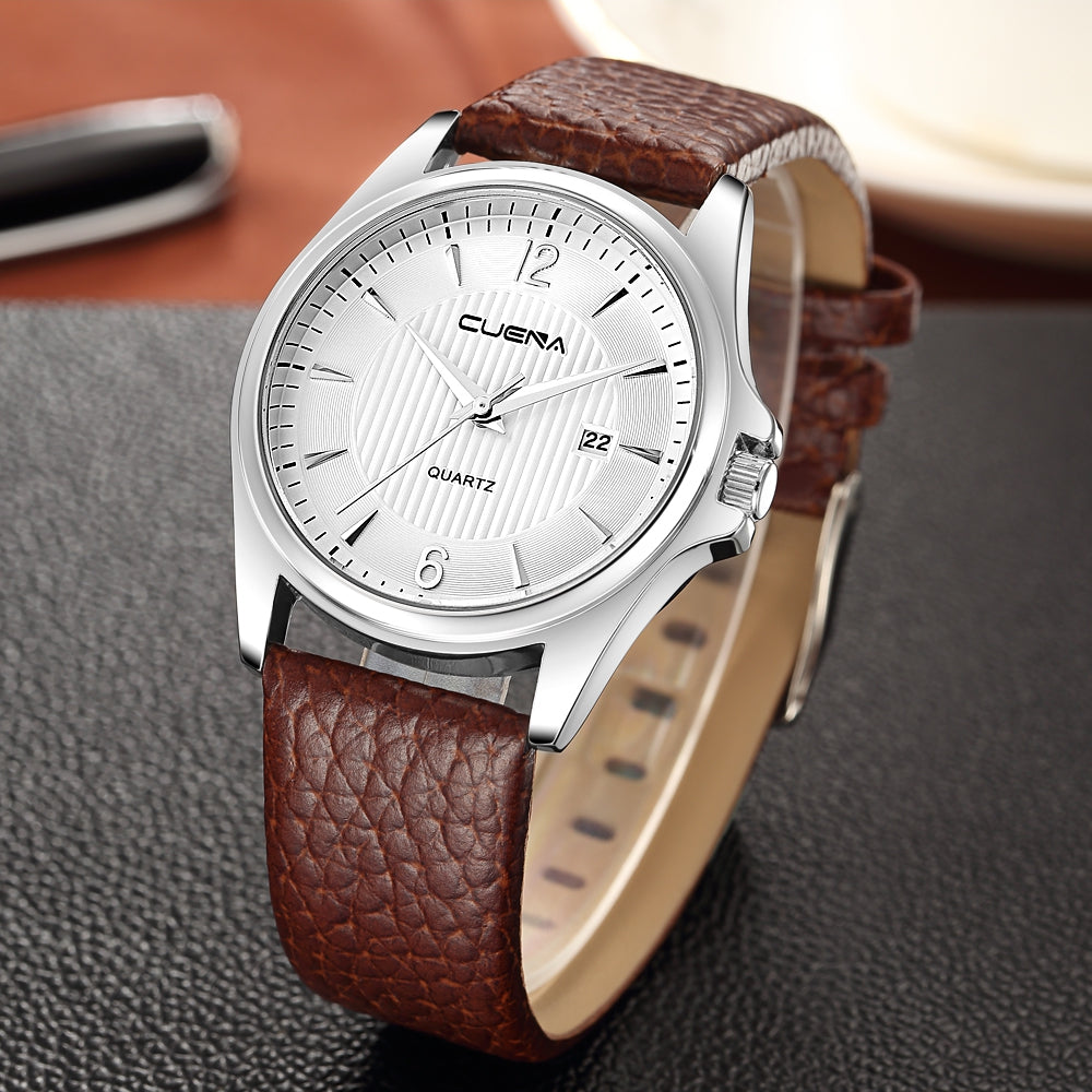 CUENA 6611P Fashion Casual Simple Leather Strap Men's Quartz Wristwatch