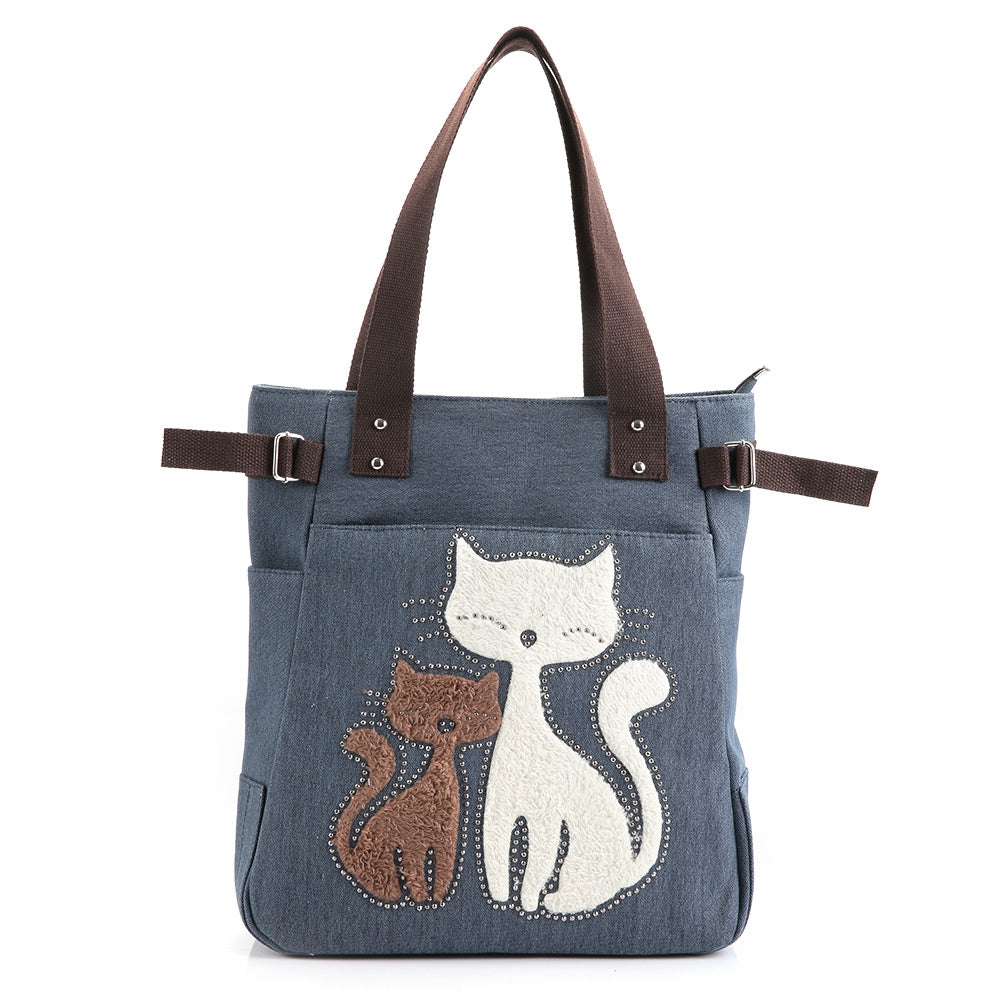 Cute Cat Print Beaded Zippered Women Canvas Handbag