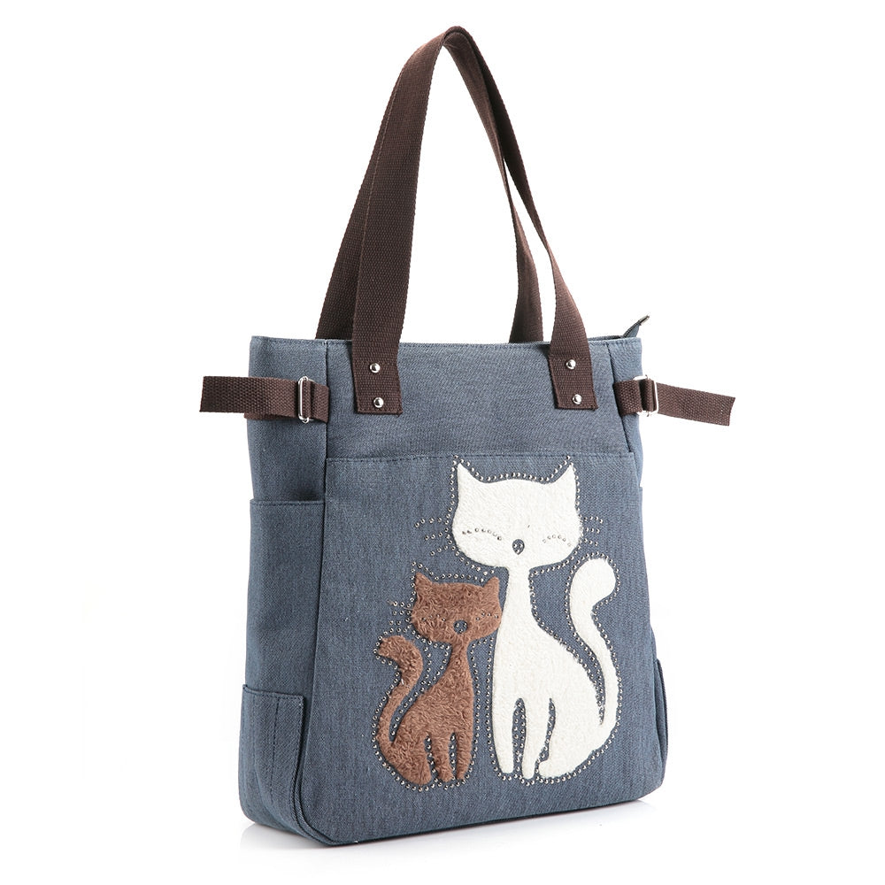 Cute Cat Print Beaded Zippered Women Canvas Handbag
