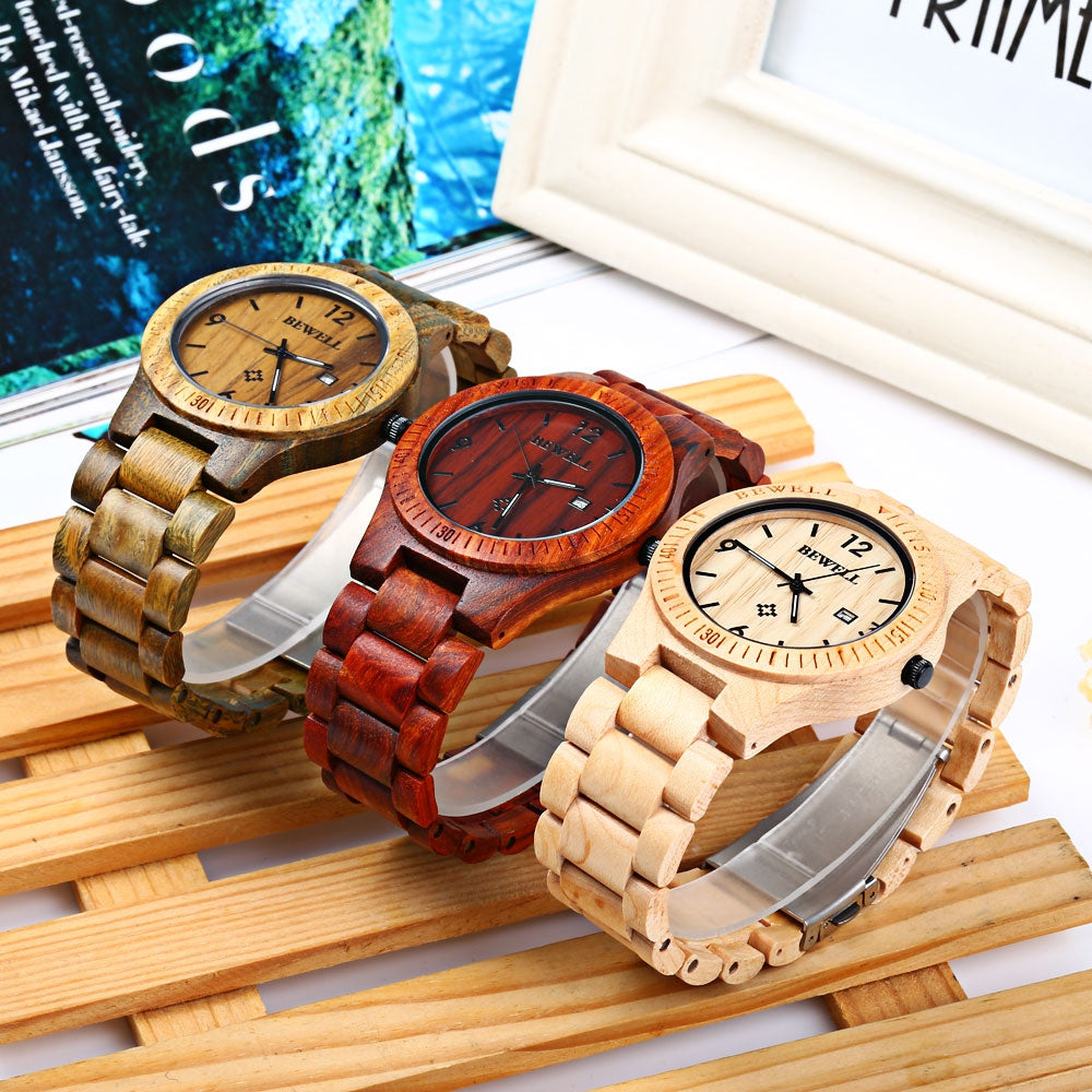 Bewell ZS - W086B Wood Quartz Men Watch Analog Date Display