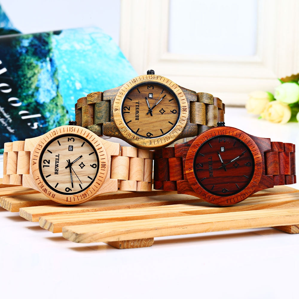 Bewell ZS - W086B Wood Quartz Men Watch Analog Date Display