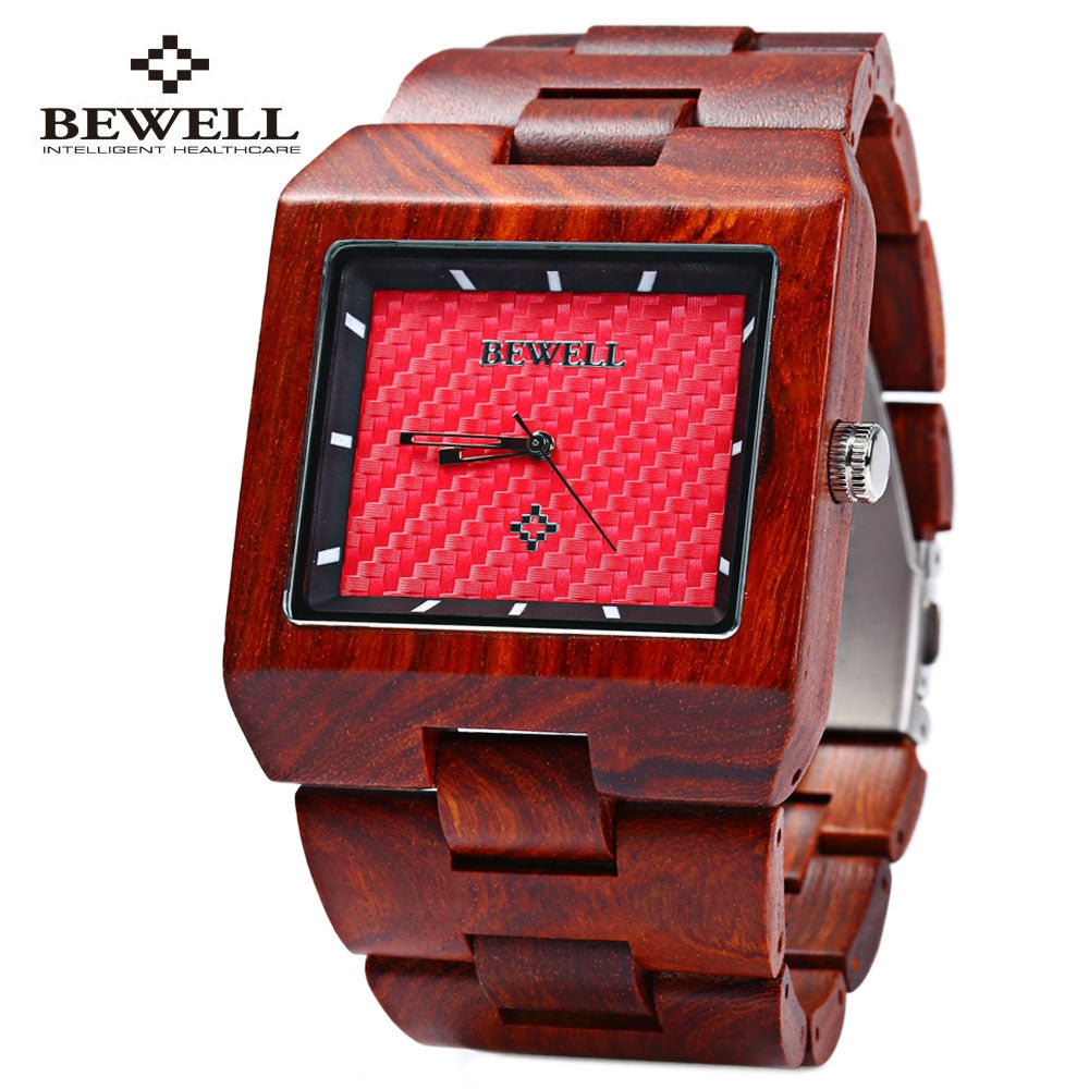 Bewell ZS - W016A Men Quartz Watch Wooden Case Rectangle Dial Hollow-out Pointer Wristwatch