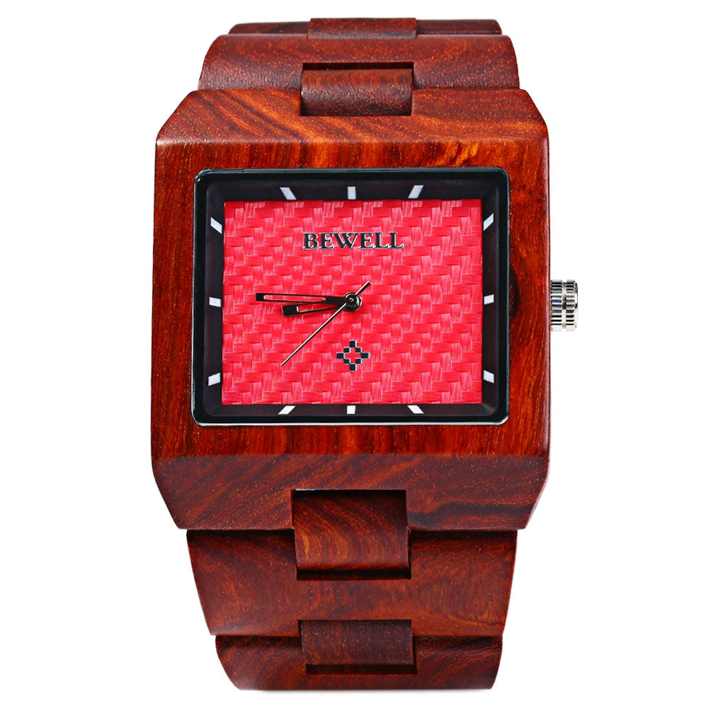 Bewell ZS - W016A Men Quartz Watch Wooden Case Rectangle Dial Hollow-out Pointer Wristwatch