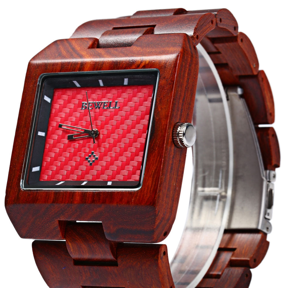 Bewell ZS - W016A Men Quartz Watch Wooden Case Rectangle Dial Hollow-out Pointer Wristwatch