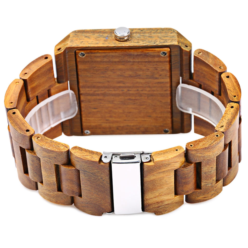 Bewell ZS - W016A Men Quartz Watch Wooden Case Rectangle Dial Hollow-out Pointer Wristwatch