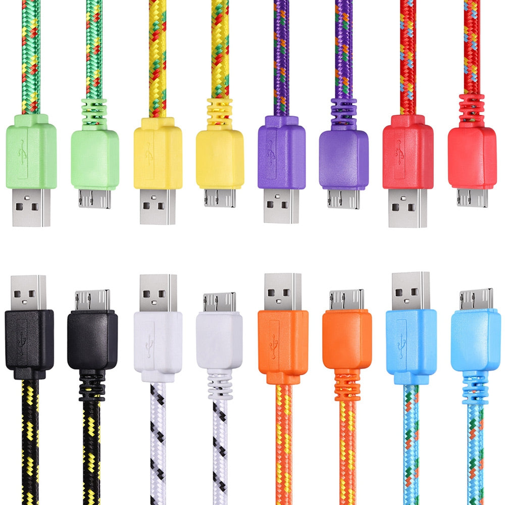 3M Braided Fabric Flat Colorful Micro Data Synchronization Charger Cable Cord for Samsung Galaxy...