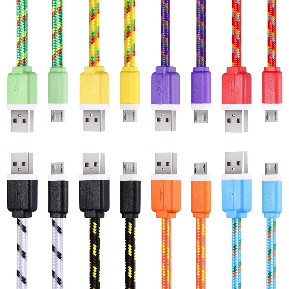 2M Braided Fabric Flat Colorful Micro USB Synchronization Data Charger Cable Cord for Android Sm...