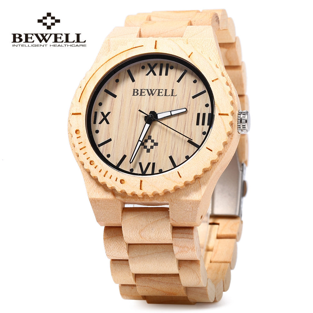 Bewell ZS - W065A Men Quartz Watch Wooden Strap Luminous Pointers