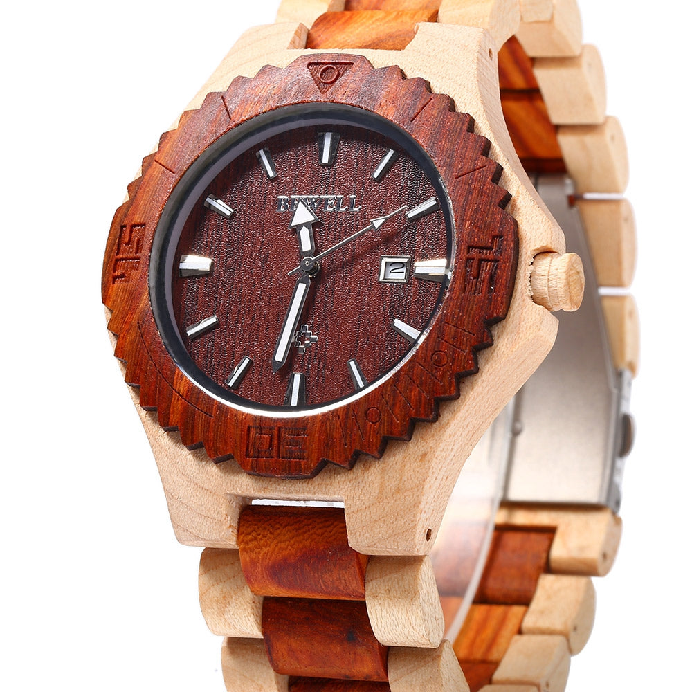 Bewell ZS-W023B Male Quartz Watch Wood Band Date Display