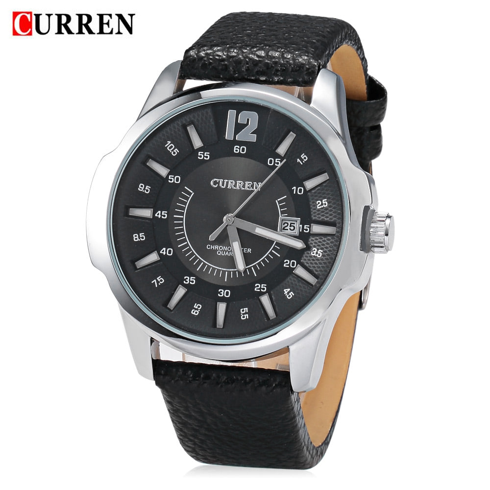 CURREN 8123 Men Quartz Watch Leather Strap Date Display 30m Water Resistance