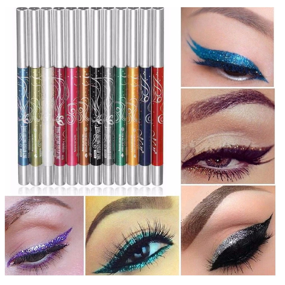 12 Colors Auto-Rotate Ultra Bright Eyeshadow Lip Liner Eyeliner Pen Makeup Kit