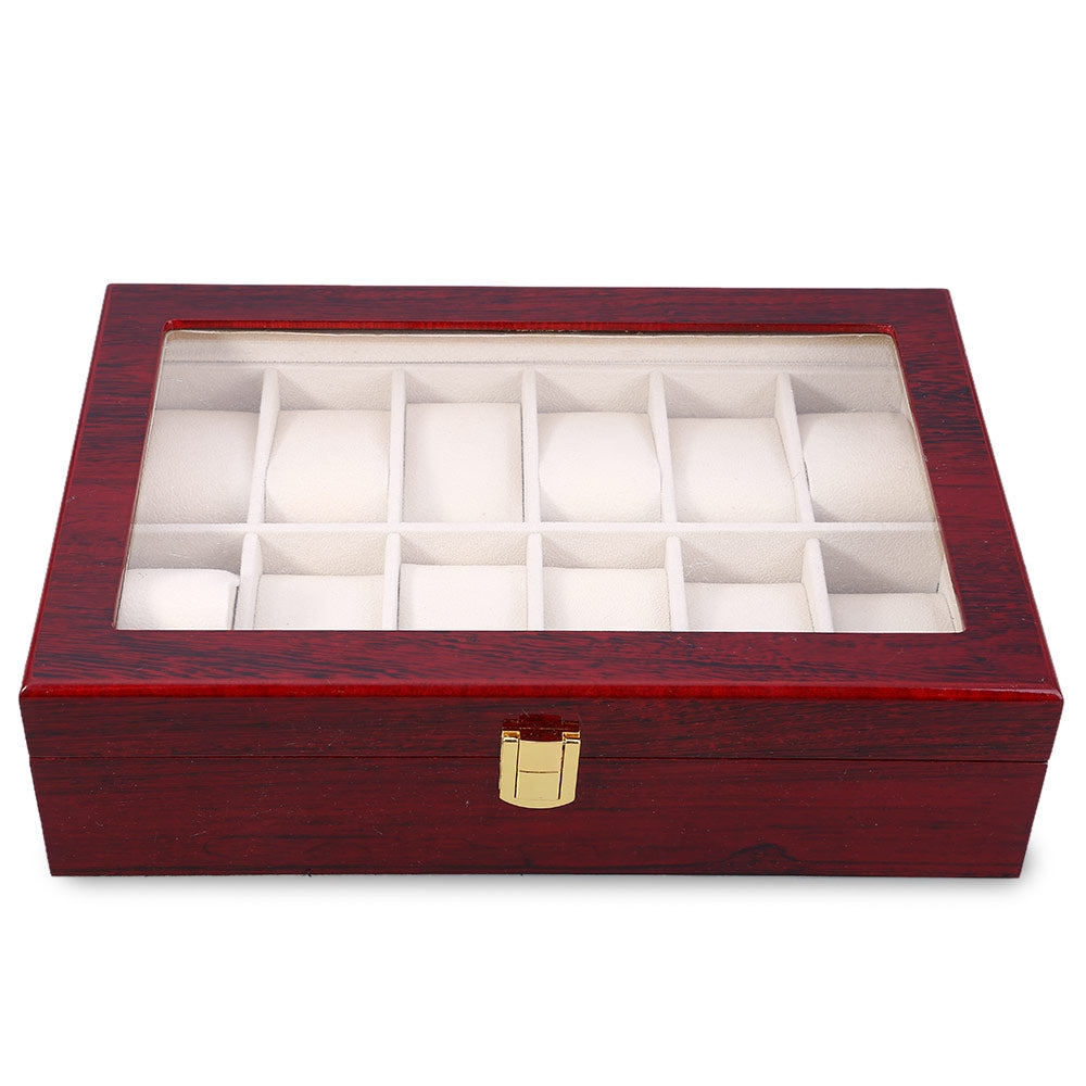 12 Slots Wood Watch Display Case Watches Box Glass Top Jewelry Storage Organizer