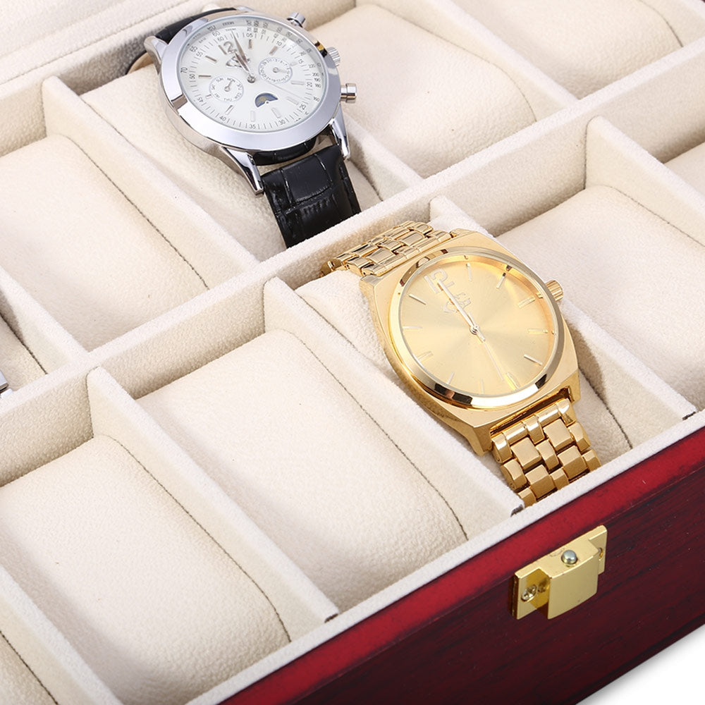 12 Slots Wood Watch Display Case Watches Box Glass Top Jewelry Storage Organizer