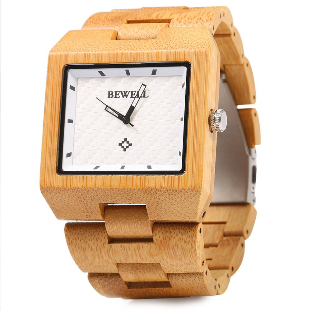 Bewell ZS - W016A Men Quartz Watch Wooden Case Rectangle Dial Hollow-out Pointer Wristwatch