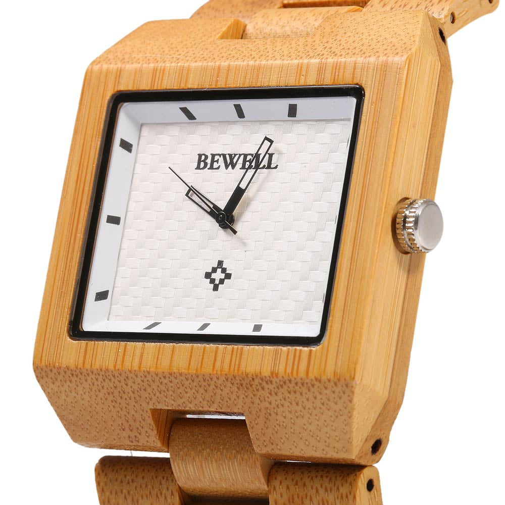 Bewell ZS - W016A Men Quartz Watch Wooden Case Rectangle Dial Hollow-out Pointer Wristwatch