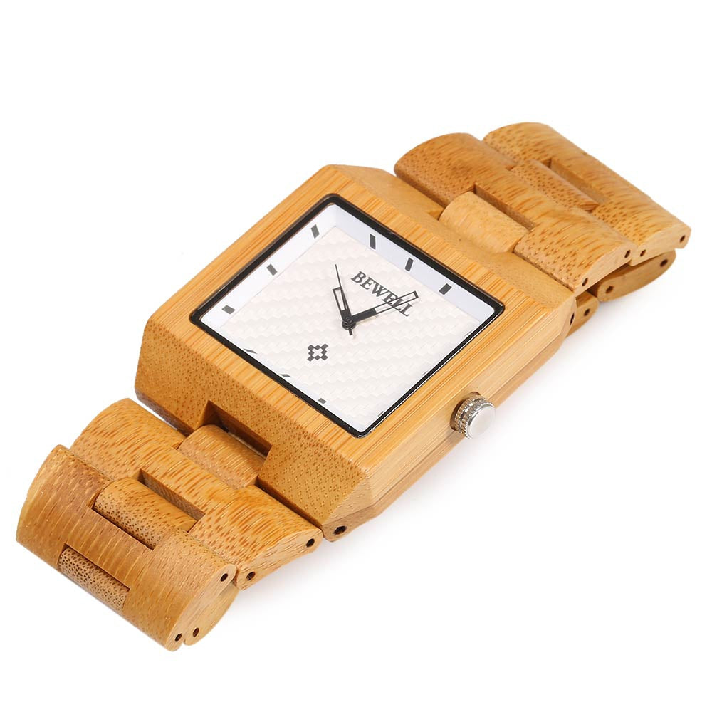 Bewell ZS - W016A Men Quartz Watch Wooden Case Rectangle Dial Hollow-out Pointer Wristwatch