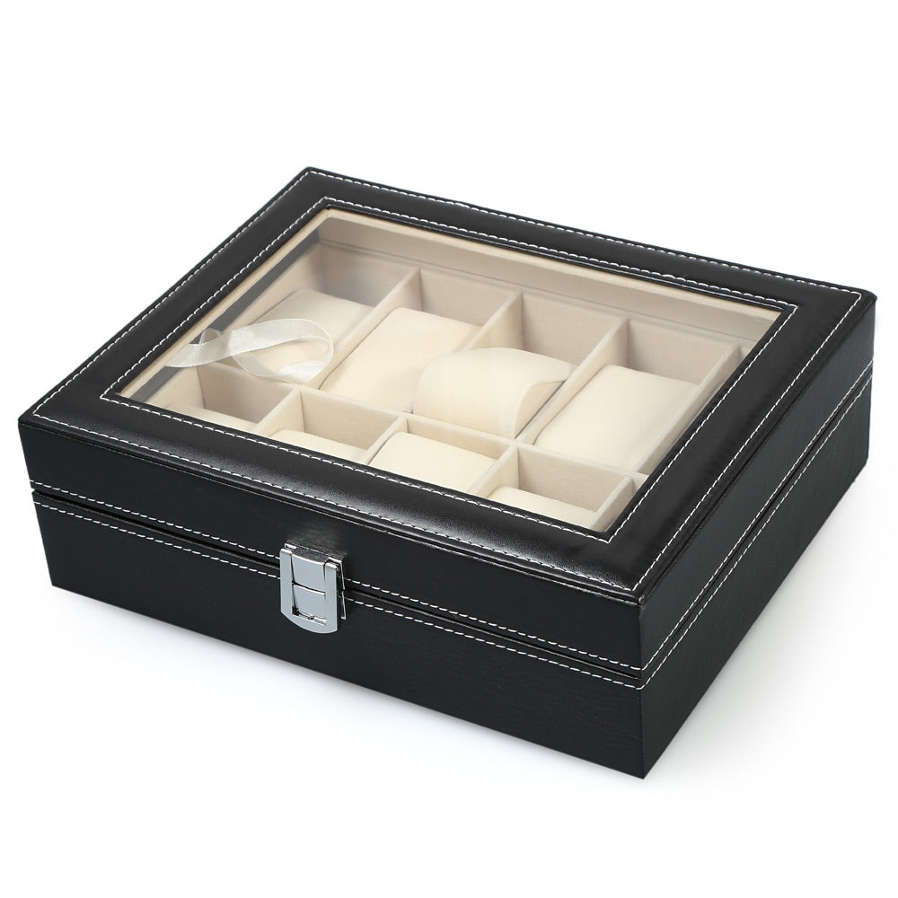 10 Grids PVC Leather Material Watch Case Transparent Cover Box