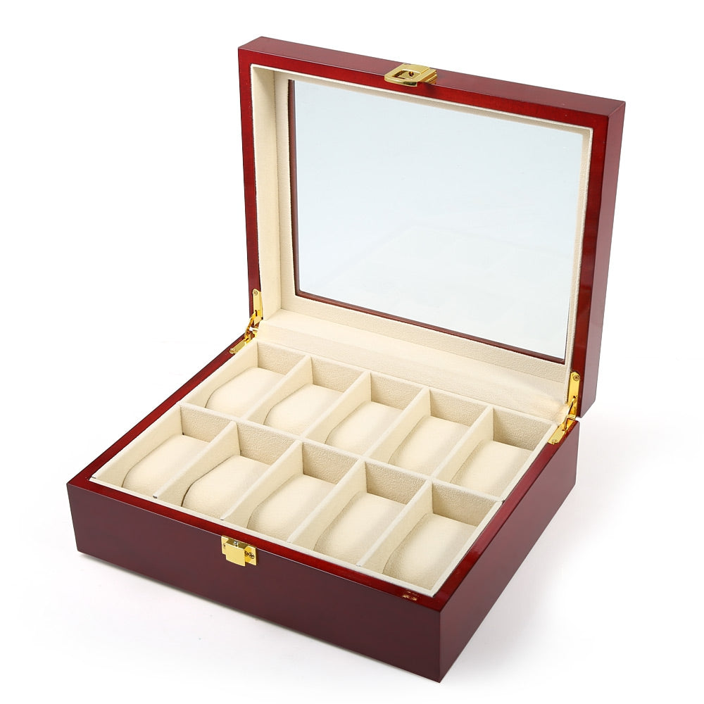 10 Grids Wooden Watch Case Transparent Glass Cover Jewelry Display Box