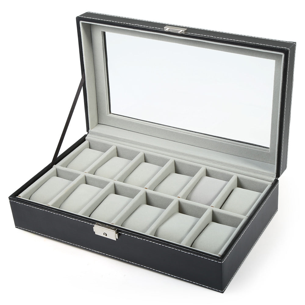 12 Grids PVC Leather Material Watch Case Transparent Cover Box
