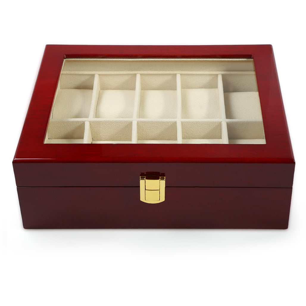 10 Grids Wooden Watch Case Transparent Glass Cover Jewelry Display Box